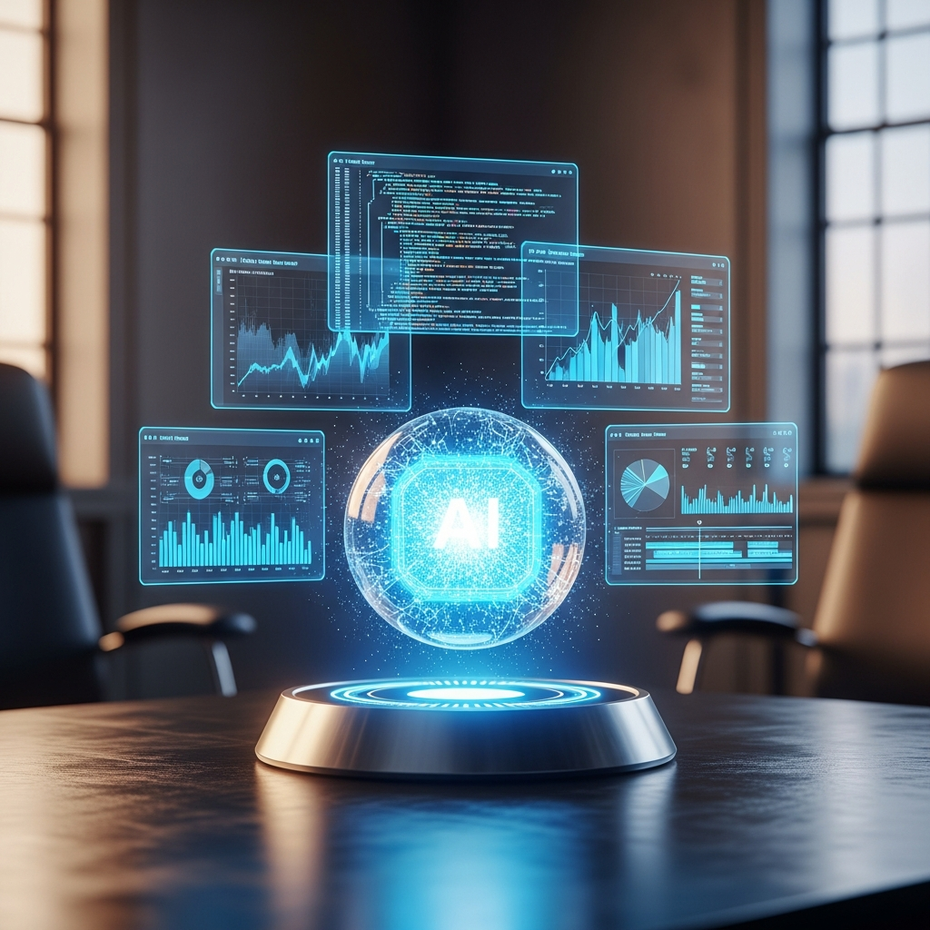Holographic 'AI' sphere and glowing data dashboards on a modern conference table, visualizing the best AI tools 2025.